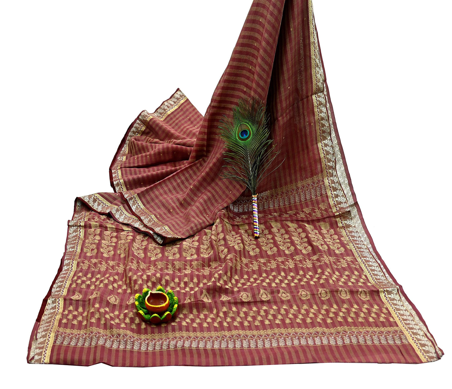 Indian Vintage Sari Brown Hand Woven Sarees 100% Pure Silk Craft Fabric Zari 5Yd Floral Dress making Ethnic Crafting