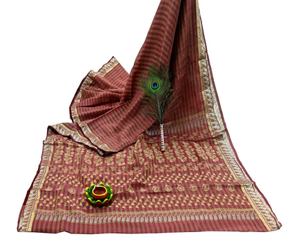 Indian Vintage Sari Brown Hand Woven Sarees 100% Pure Silk Craft Fabric Zari 5Yd Floral Dress making Ethnic Crafting