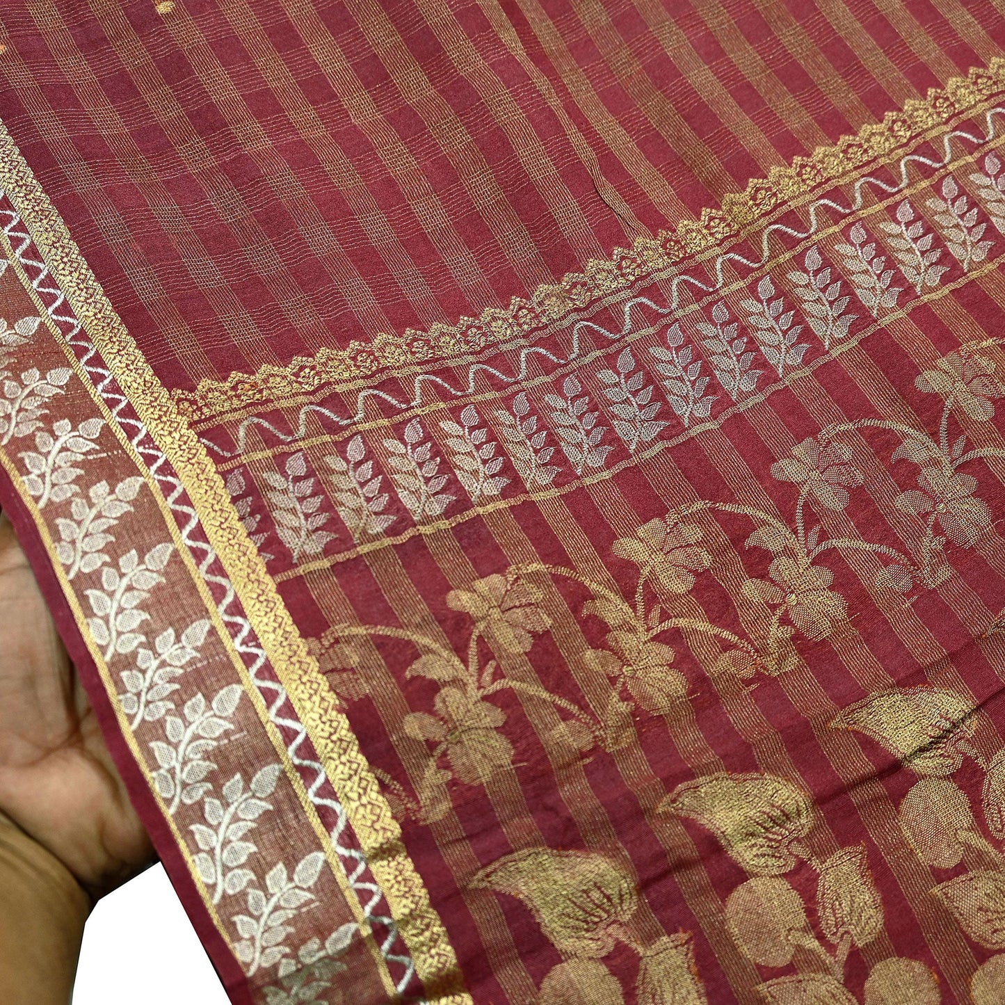 Indian Vintage Sari Brown Hand Woven Sarees 100% Pure Silk Craft Fabric Zari 5Yd Floral Dress making Ethnic Crafting