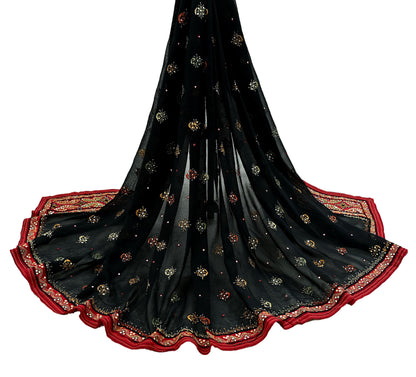 Indian Vintage Dupatta Black & Red Pure Georgette silk Long Stole Hand Embroidered Scarves Stole Veil Wrap Sequins