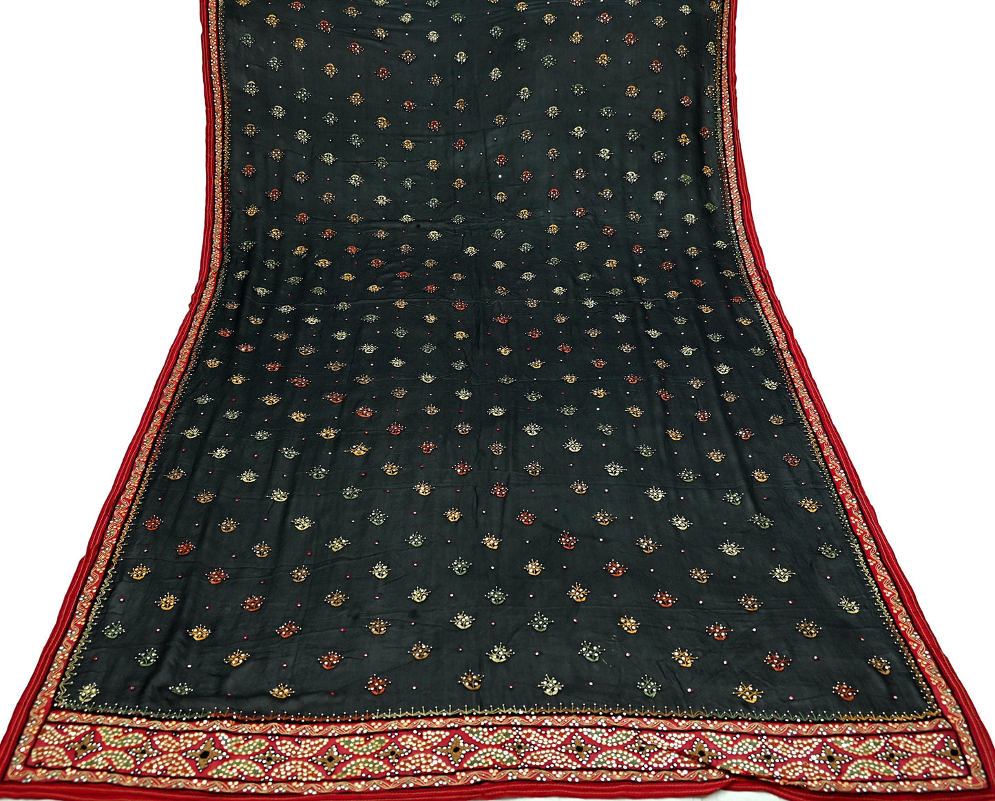 Indian Vintage Dupatta Black & Red Pure Georgette silk Long Stole Hand Embroidered Scarves Stole Veil Wrap Sequins