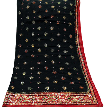 Indian Vintage Dupatta Black & Red Pure Georgette silk Long Stole Hand Embroidered Scarves Stole Veil Wrap Sequins