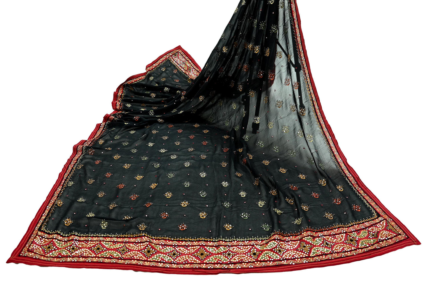 Indian Vintage Dupatta Black & Red Pure Georgette silk Long Stole Hand Embroidered Scarves Stole Veil Wrap Sequins