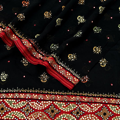 Indian Vintage Dupatta Black & Red Pure Georgette silk Long Stole Hand Embroidered Scarves Stole Veil Wrap Sequins