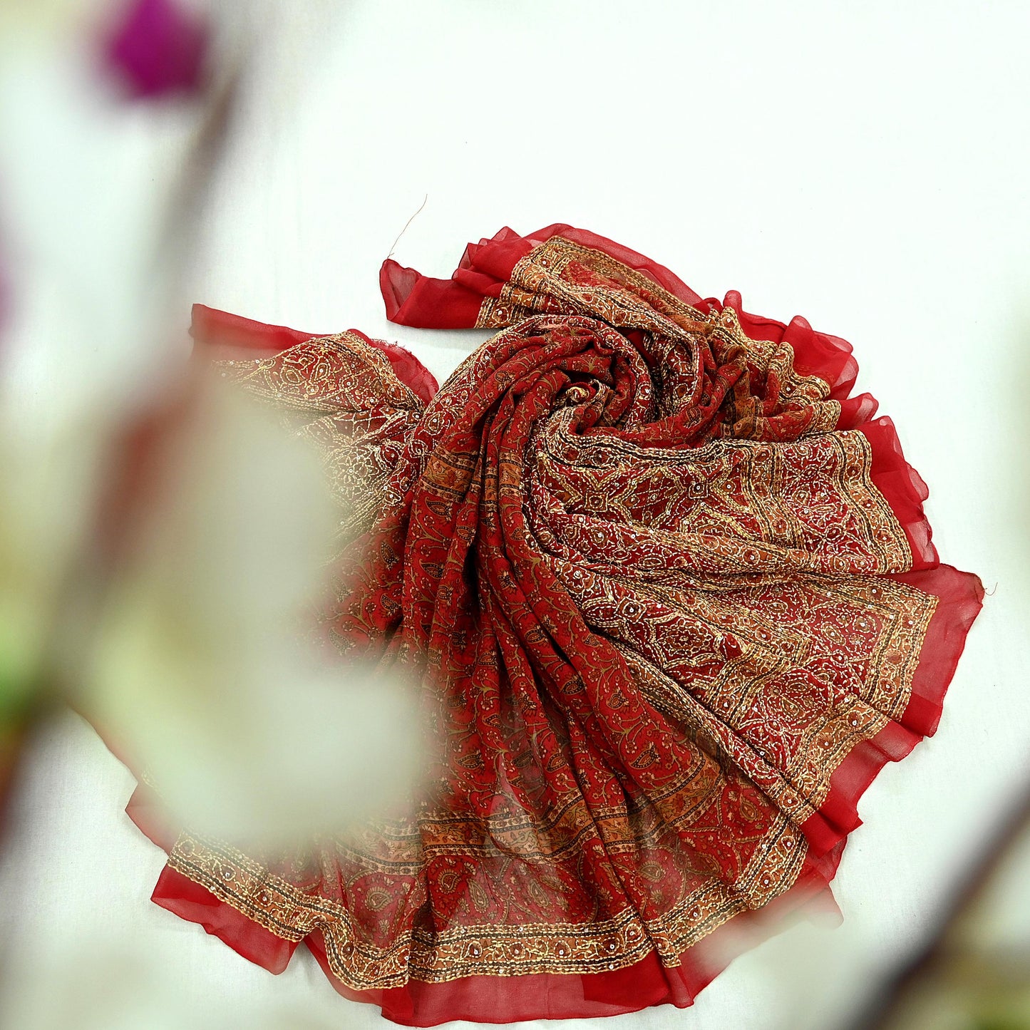 Indian Vintage Dupatta Red Long Stole Hand Embroidered kantha stole Pure Georgette Silk Indian Scarves Veil Wrap Soft Floral