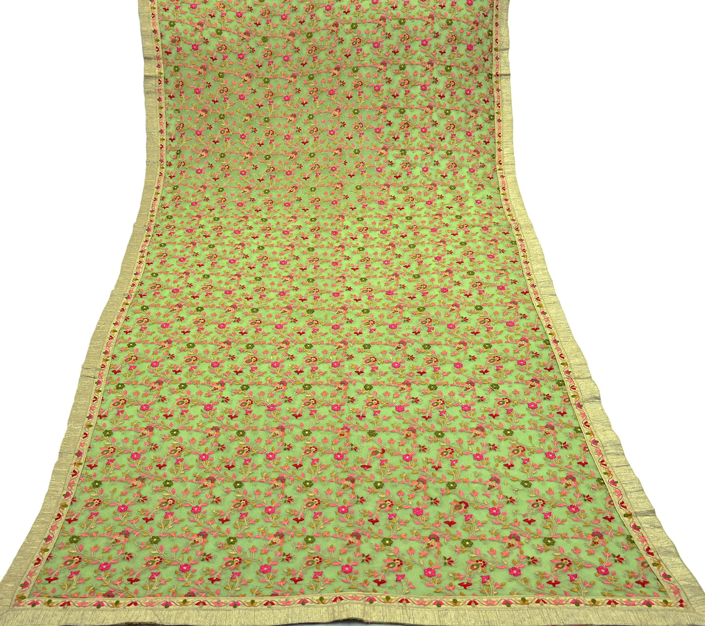 Indian Vintage Dupatta Green Pure Georgette silk Long Stole Embroidered Scarves Stole Veil Wrap Zari