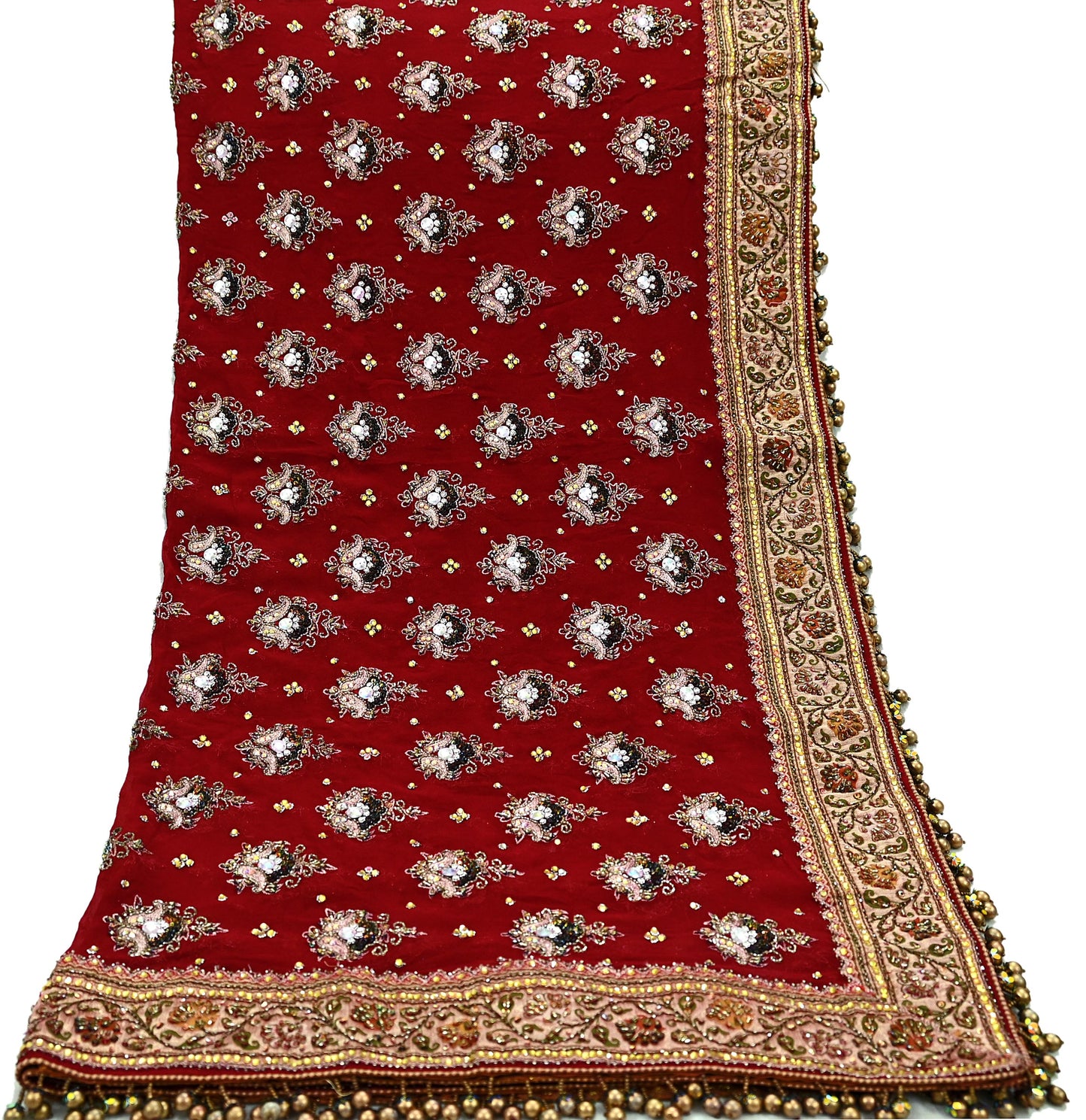 Indian Vintage Heavy Red Dupatta Pure Georgette Silk Long Stole Hand Embroidered Scarf Zari Sequins Wedding/Bridal Veil Dupatta