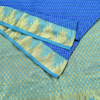 Indian Vintage Heavy Blue Kanjivaram Saree 100% Pure Silk Sari Metallic Golden Zari 5Yd Floral Crafting Dress making