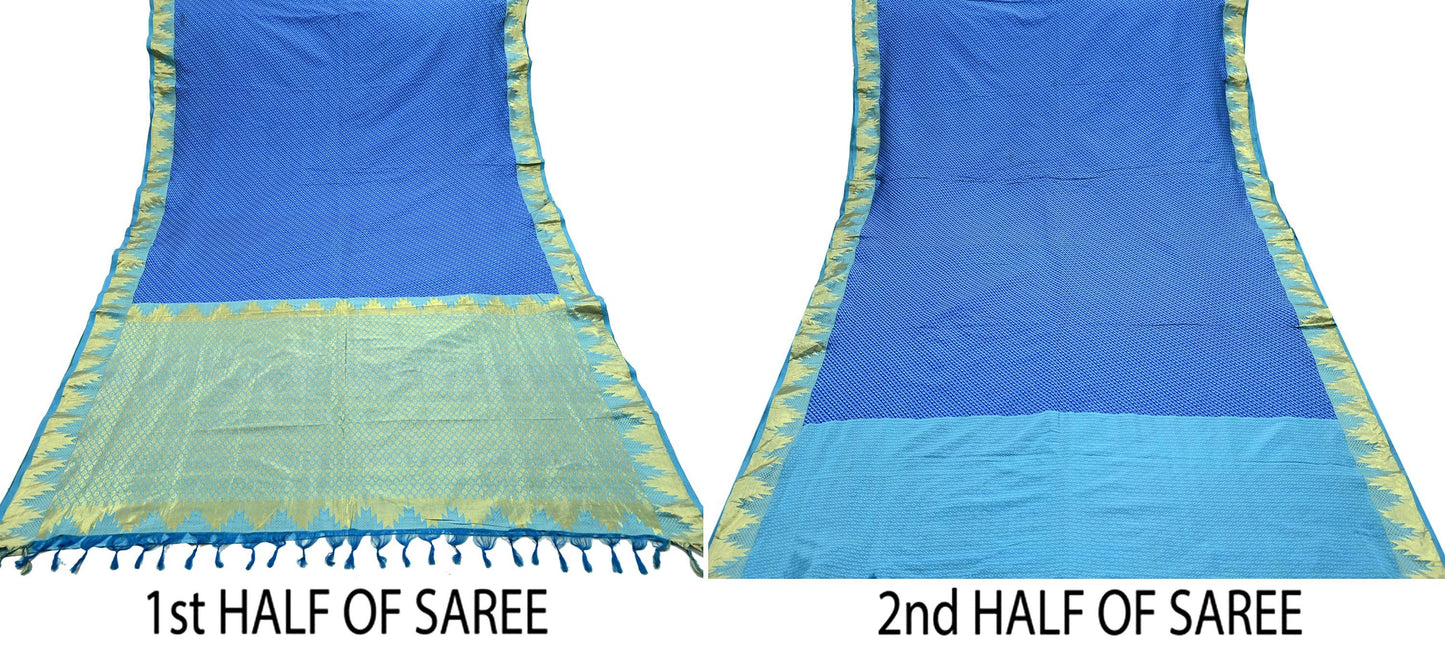 Indian Vintage Heavy Blue Kanjivaram Saree 100% Pure Silk Sari Metallic Golden Zari 5Yd Floral Crafting Dress making