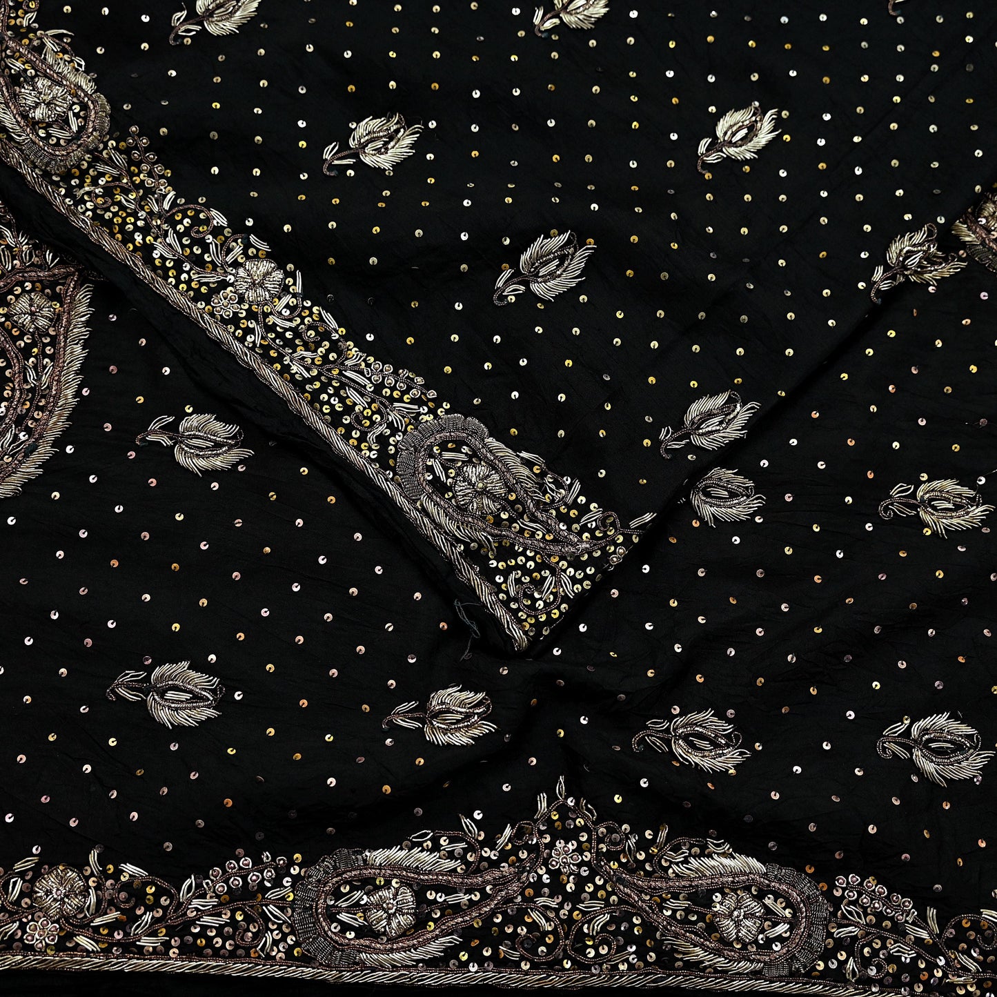 Indian Antique Vintage Heavy Sari Black Pure Crepe Silk Hand Embroidered Sarees Craft Fabric 5Yd Sewing Soft Zardozi/Dabka Sequins