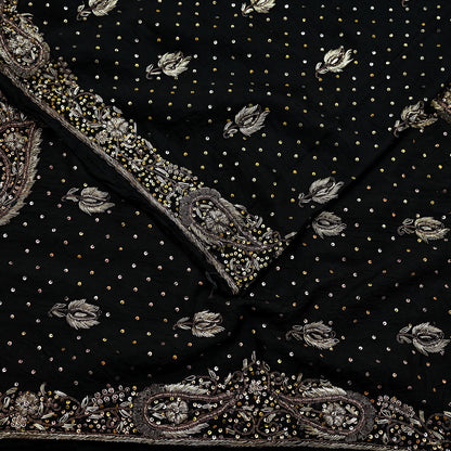 Indian Antique Vintage Heavy Sari Black Pure Crepe Silk Hand Embroidered Sarees Craft Fabric 5Yd Sewing Soft Zardozi/Dabka Sequins