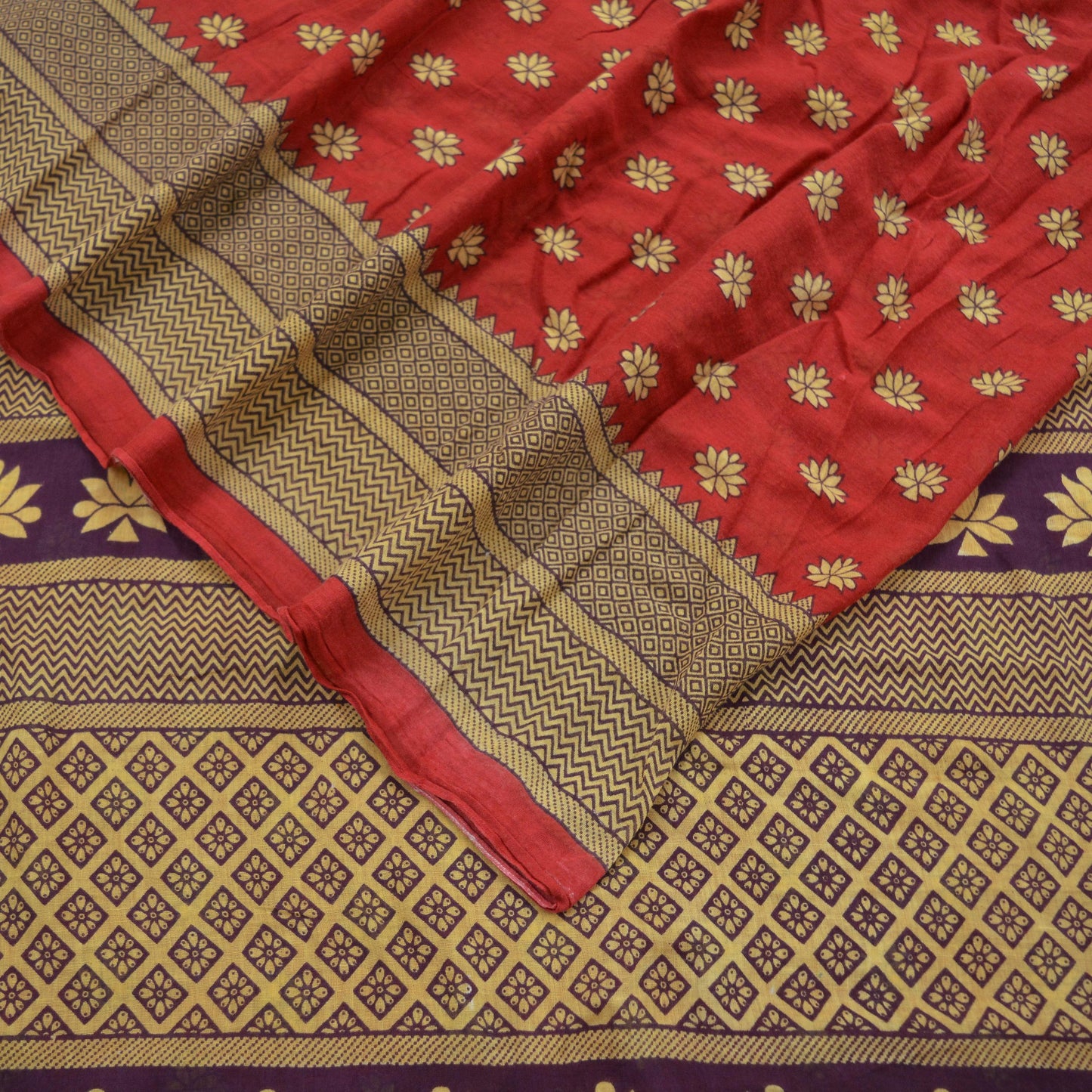 Indian Vintage Sari Purple & Red Printed Pure Cotton Saree Craft Fabric 5Yd Sewing Sarong Wrap Boho Floral Crafting Upcycle Quilting Used