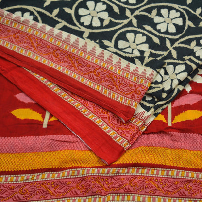 Indian Vintage Sari Red & Black Printed 100% Pure Cotton Sarees Craft Fabric 5Yd Sewing Sarong Wrap Boho Floral Dress Making Crafting Soft