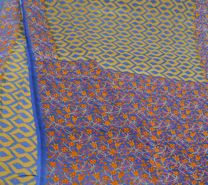 Indian Vintage Saffron & Blue Saree Printed Pure Cotton Indian Sari Craft Fabric 5Yd Sewing Soft Sarong Wrap Boho Floral Quilting Crafting