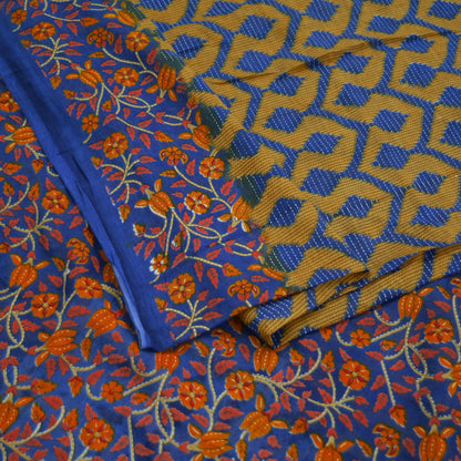 Indian Vintage Saffron & Blue Saree Printed Pure Cotton Indian Sari Craft Fabric 5Yd Sewing Soft Sarong Wrap Boho Floral Quilting Crafting