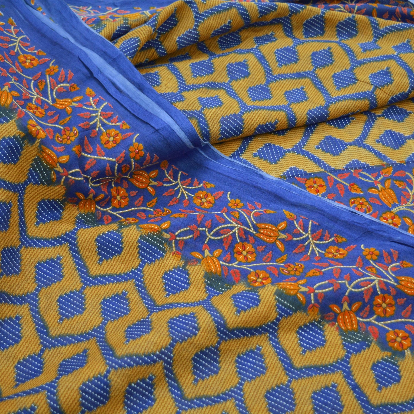 Indian Vintage Saffron & Blue Saree Printed Pure Cotton Indian Sari Craft Fabric 5Yd Sewing Soft Sarong Wrap Boho Floral Quilting Crafting