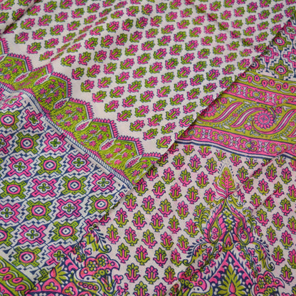 Indian Vintage Sari Ivory & Green Pure Silk Printed Sarees 5yd Sewing Craft Fabric Dress Making Soft Crafting Quilting Upcycle old Paisley