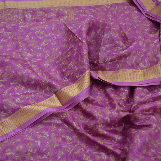 Indian Vintage Purple Saree 100% Pure Silk Printed Sari Craft Fabric 5yd Sewing Soft Dress Designing for Crafting ,Decor Quilting Upcycle