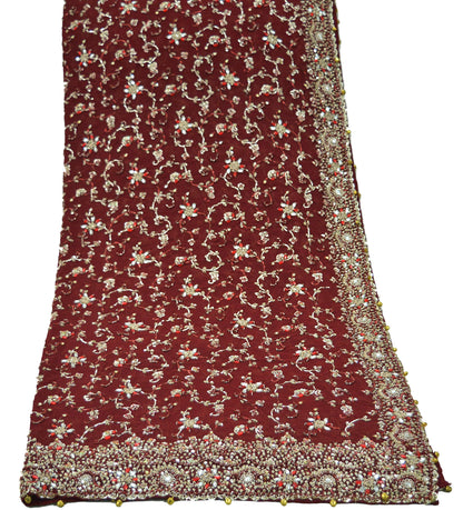 Indian Vintage Heavy Dark Red Dupatta Pure Georgette Silk Long Stole Hand Embroidered Scarf Zardozi/Dabka Bridal/Wedding Veil Hijab