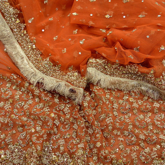 Indian Vintage Bridal Heavy Orange Dupatta Net Mesh Long Stole Hand Embroidered Scarves Golden Zardozi Dabka Zari Sequins Wedding Veil