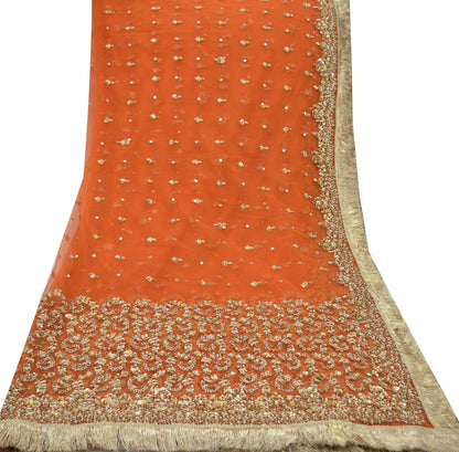 Indian Vintage Bridal Heavy Orange Dupatta Net Mesh Long Stole Hand Embroidered Scarves Golden Zardozi Dabka Zari Sequins Wedding Veil