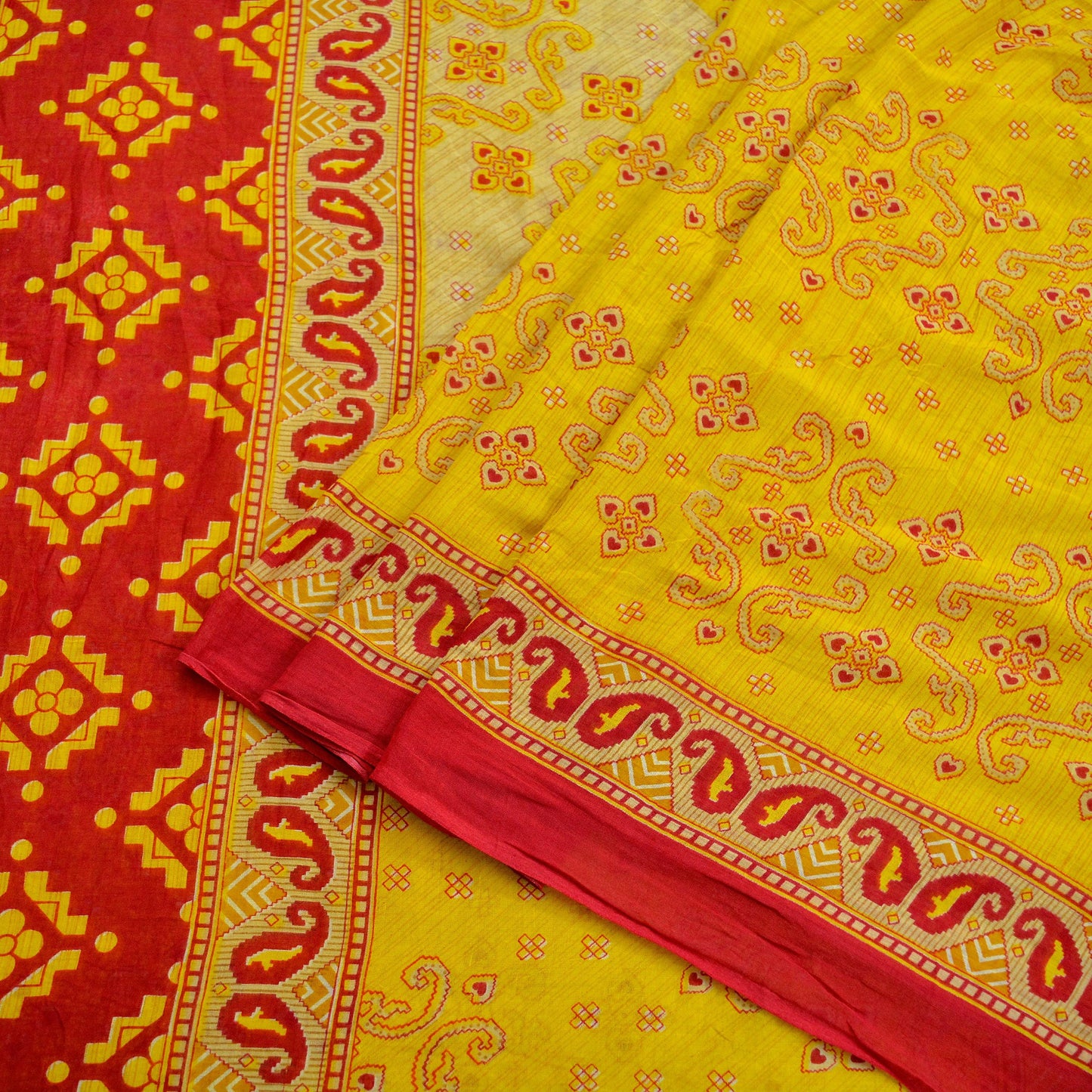 Indian Vintage Sari Red & Yellow Printed 100% Pure Cotton Saree Craft Soft Fabric 5Yard Sewing Sarong Wrap Boho