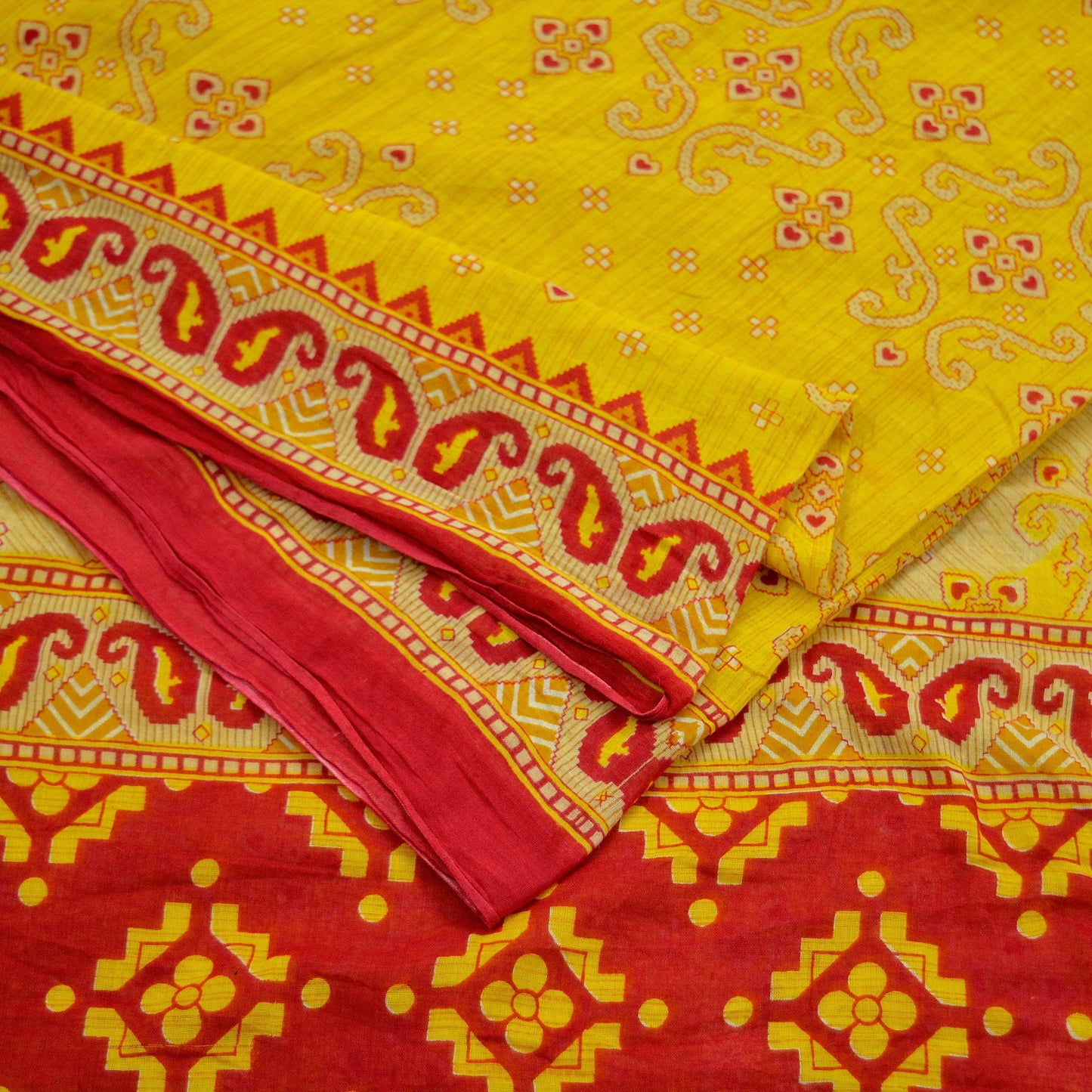 Indian Vintage Sari Red & Yellow Printed 100% Pure Cotton Saree Craft Soft Fabric 5Yard Sewing Sarong Wrap Boho