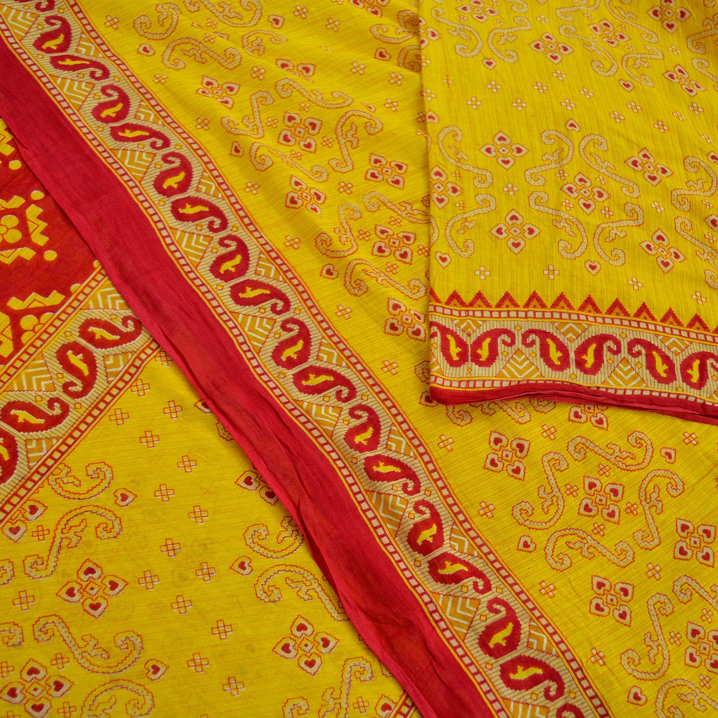 Indian Vintage Sari Red & Yellow Printed 100% Pure Cotton Saree Craft Soft Fabric 5Yard Sewing Sarong Wrap Boho