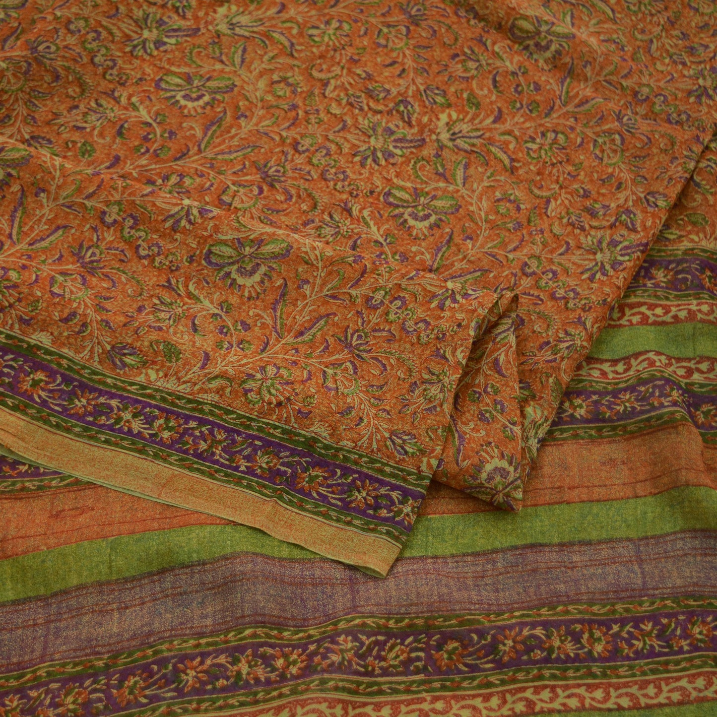 Indian Vintage Sari Orange Pure Georgette Silk Printed Sarees 6Yd Craft Fabric Sewing Quilting Crafting Dress Making