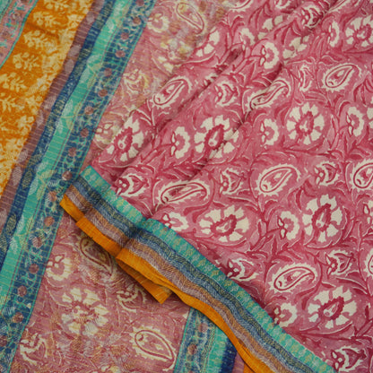 Indian Vintage Sari Ivory & Pink Pure Georgette Silk Printed Saree Craft Fabric Sewing 5Yd Soft Light Dress Making Crafting Quilting Upcycle