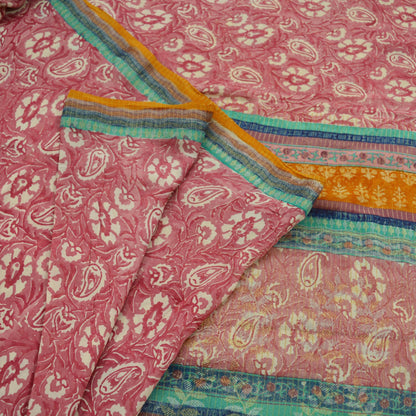 Indian Vintage Sari Ivory & Pink Pure Georgette Silk Printed Saree Craft Fabric Sewing 5Yd Soft Light Dress Making Crafting Quilting Upcycle