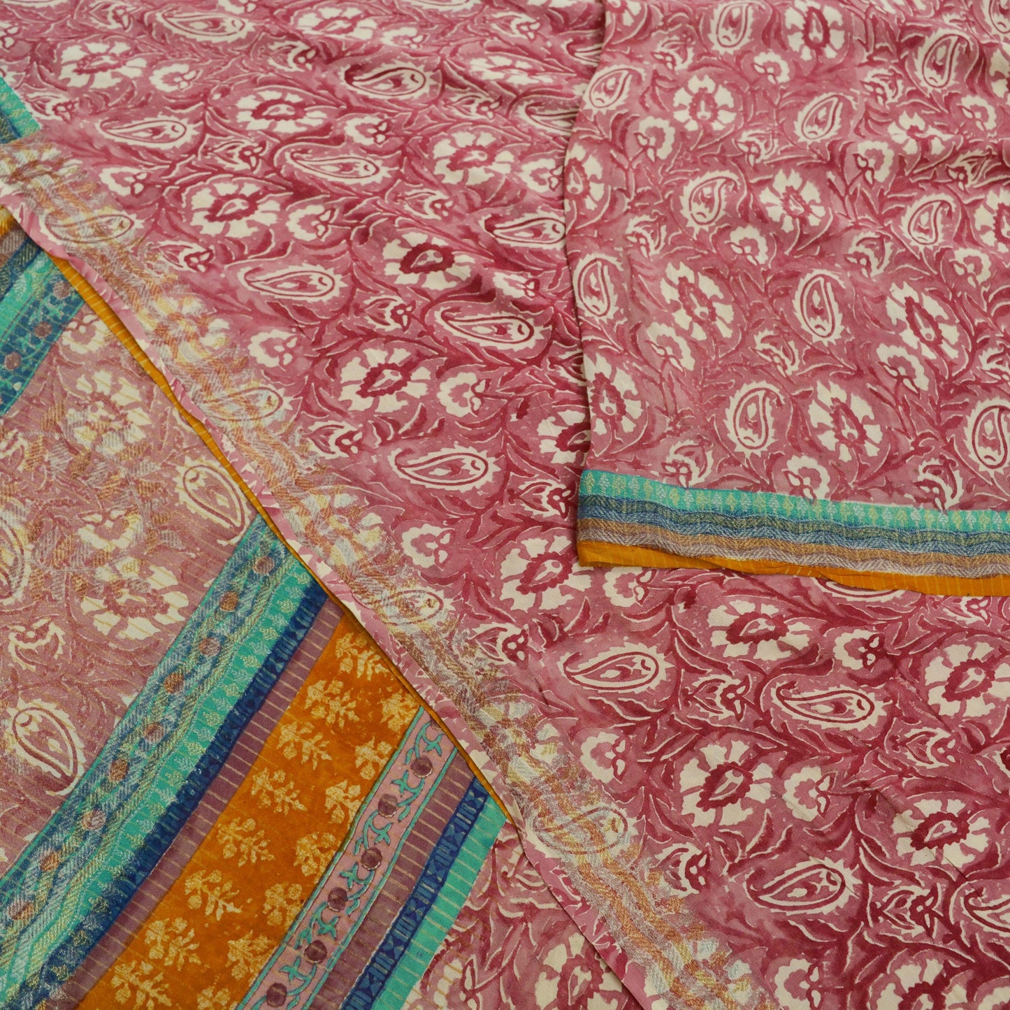 Indian Vintage Sari Ivory & Pink Pure Georgette Silk Printed Saree Craft Fabric Sewing 5Yd Soft Light Dress Making Crafting Quilting Upcycle