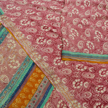 Indian Vintage Sari Ivory & Pink Pure Georgette Silk Printed Saree Craft Fabric Sewing 5Yd Soft Light Dress Making Crafting Quilting Upcycle