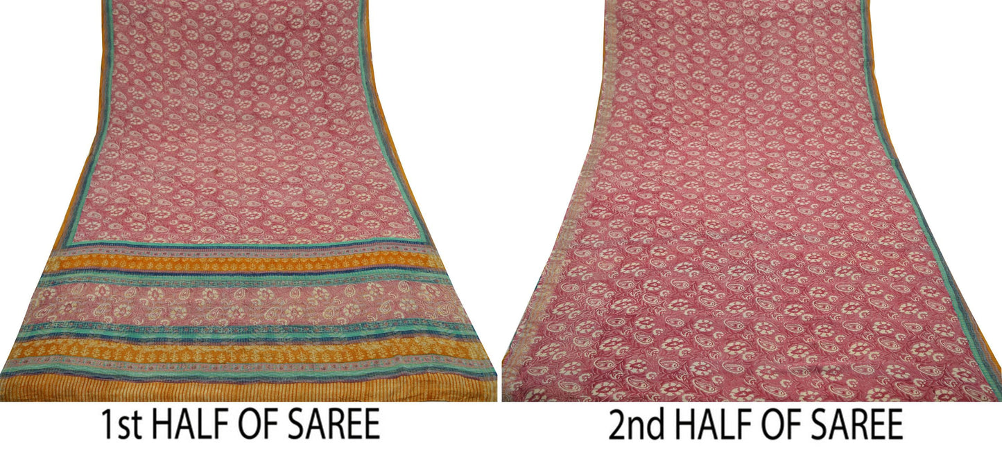 Indian Vintage Sari Ivory & Pink Pure Georgette Silk Printed Saree Craft Fabric Sewing 5Yd Soft Light Dress Making Crafting Quilting Upcycle