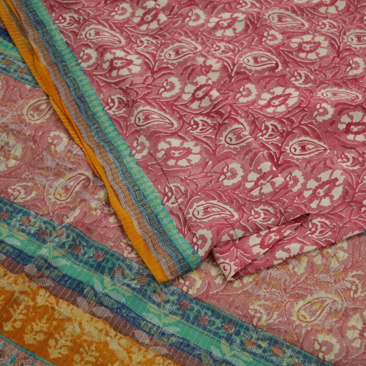 Indian Vintage Sari Ivory & Pink Pure Georgette Silk Printed Saree Craft Fabric Sewing 5Yd Soft Light Dress Making Crafting Quilting Upcycle