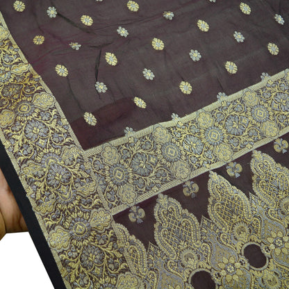 Indian Vintage Coffee Brown Dupatta Long Stole Pure Silk Hand Woven Scarves Veil Scarf Wrap Floral