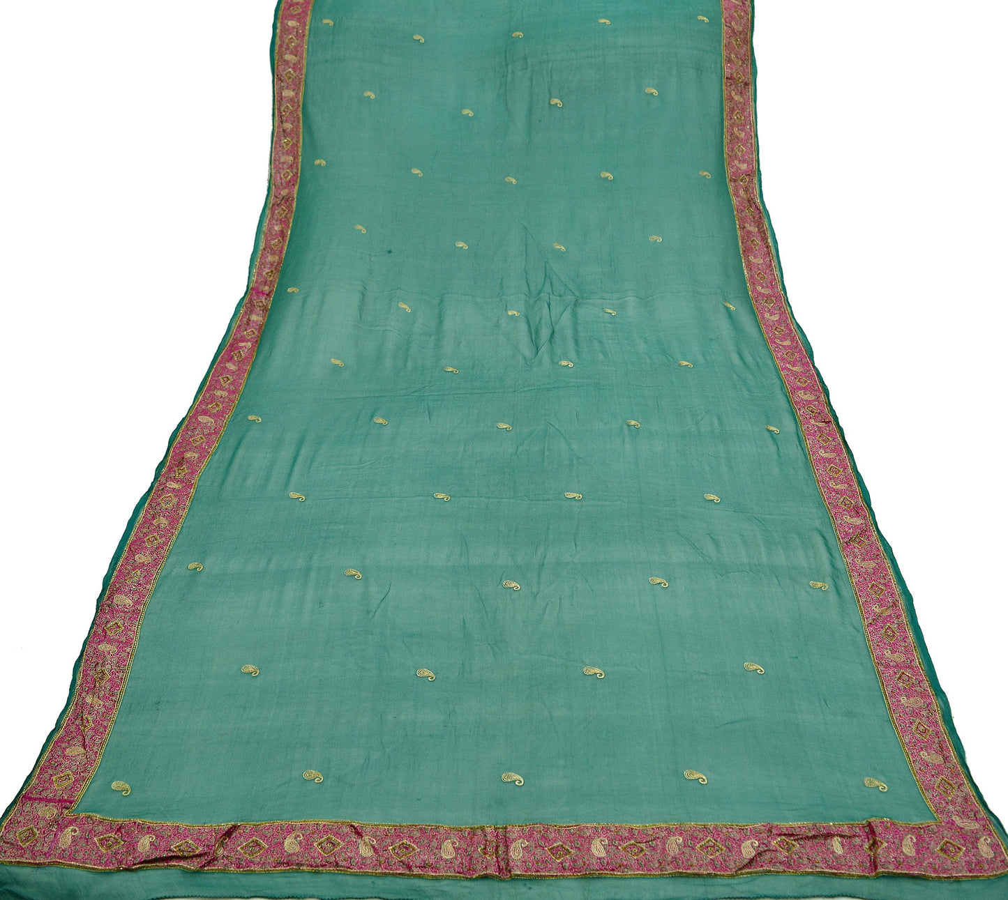 Indian Vintage Green Dupatta Pure Chiffon silk Long Stole Hand Embroidered Scarves Floral Design Veil Wrap Zari Zardozi Banarasi Border