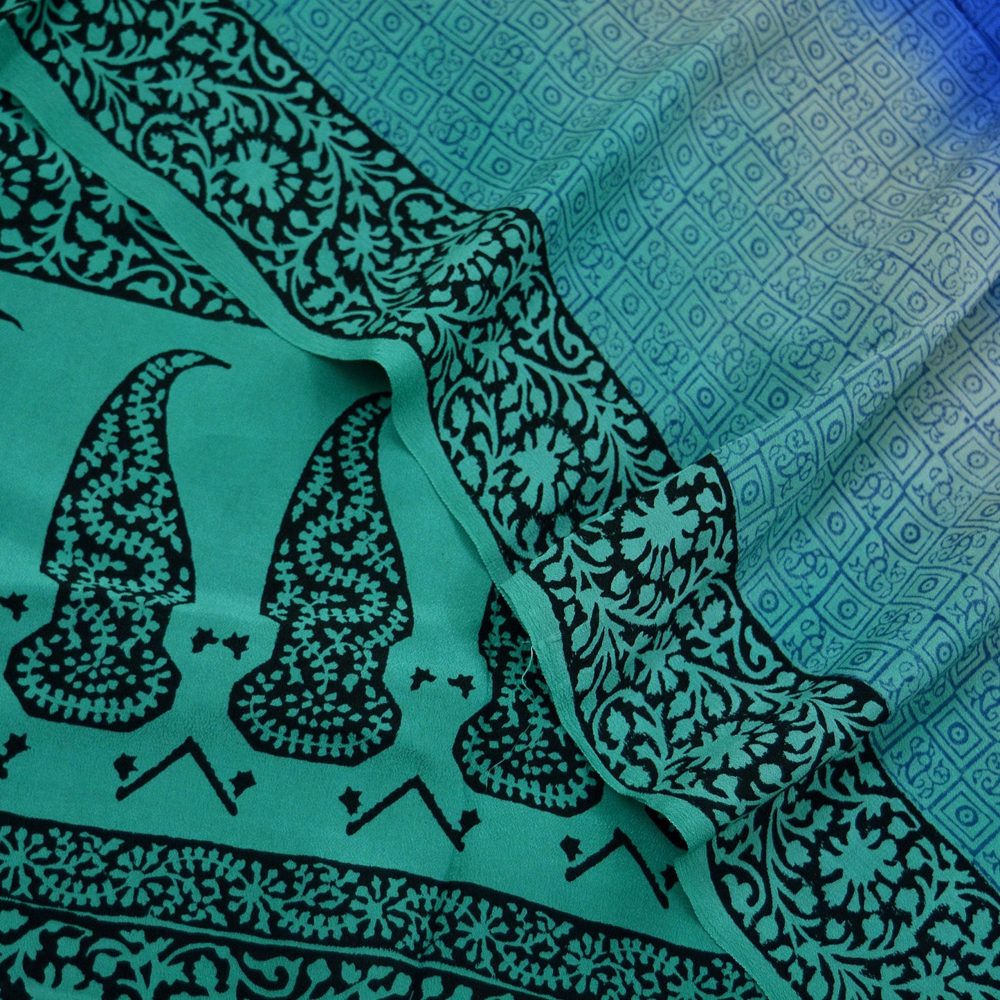 Women Indian Vintage Blue & Green Dupatta Long Stole Pure Crepe silk Printed Dupatta Veil Scarves soft Boho Wrap Dressmaking Paisley