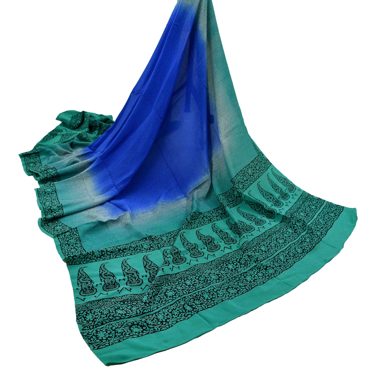 Women Indian Vintage Blue & Green Dupatta Long Stole Pure Crepe silk Printed Dupatta Veil Scarves soft Boho Wrap Dressmaking Paisley