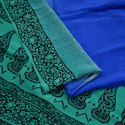 Women Indian Vintage Blue & Green Dupatta Long Stole Pure Crepe silk Printed Dupatta Veil Scarves soft Boho Wrap Dressmaking Paisley