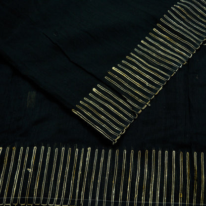 Indian Vintage Black Saree Artificial Silk Embroidered Sari Craft Fabric 5Yd Sewing Stripes Dress making Crafting Quilting Upcycle Fringes