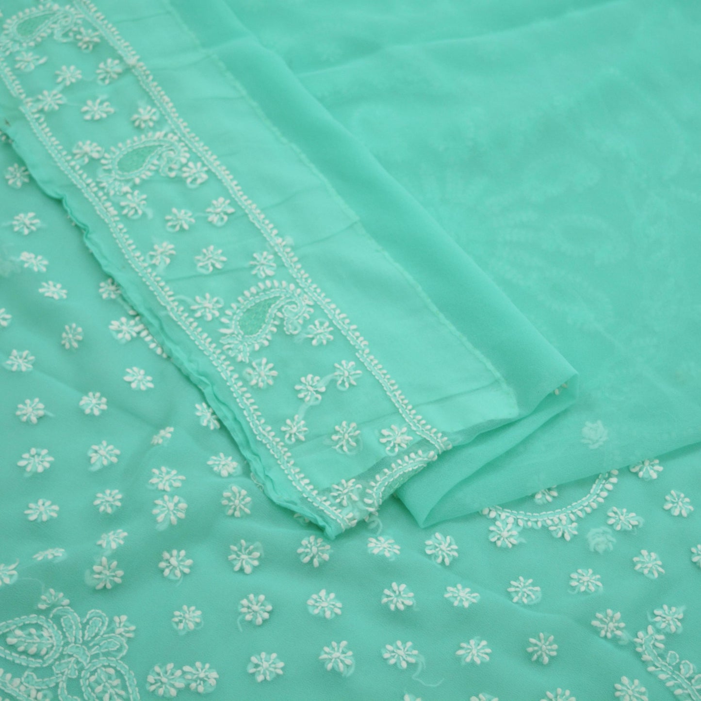 Indian Vintage Sari Green Georgette Handmade Chikankari Sarees Craft Fabric 5Yd Ethnic Floral Dress making Bollywood sari Crafting