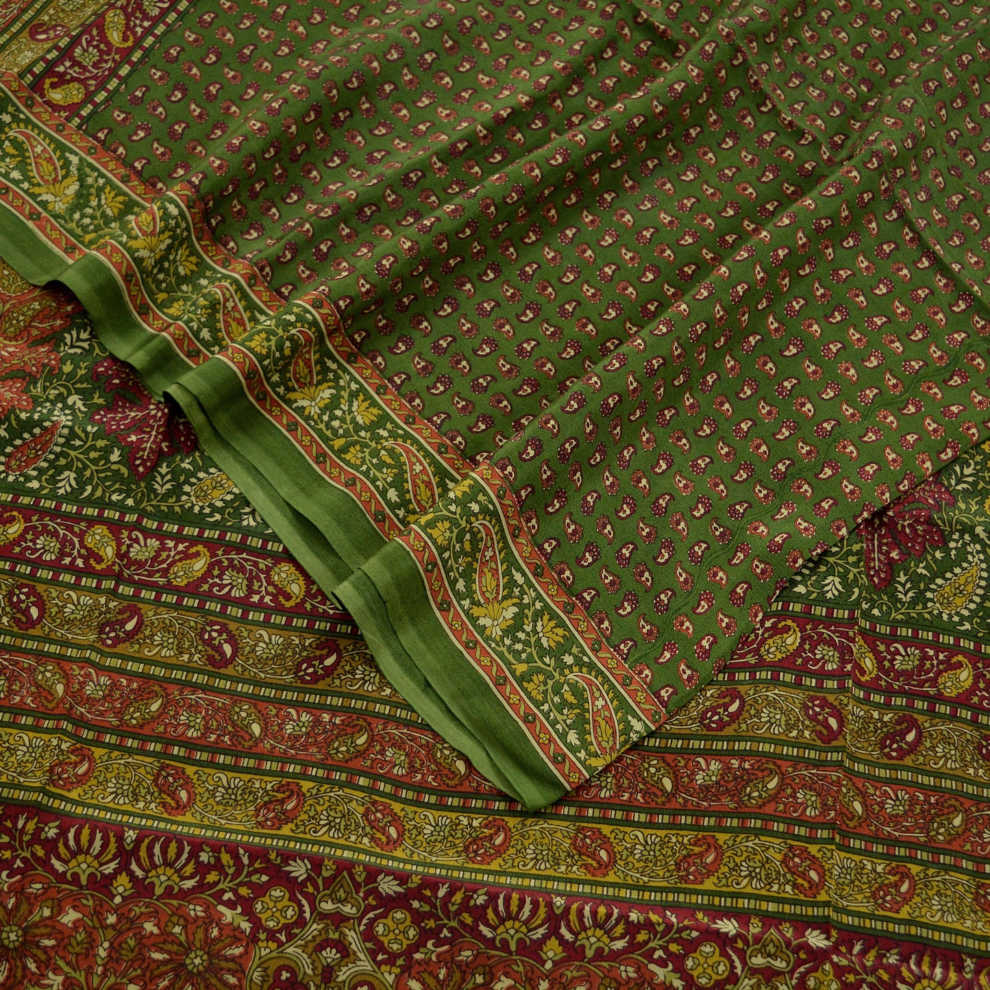 Women Indian Vintage Green Dupatta Long Stole Pure Crepe silk Printed Dupatta Veil Scarves soft Boho Wrap Dressmaking Paisley