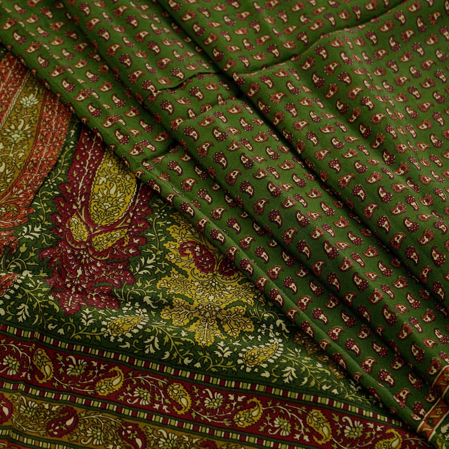 Women Indian Vintage Green Dupatta Long Stole Pure Crepe silk Printed Dupatta Veil Scarves soft Boho Wrap Dressmaking Paisley