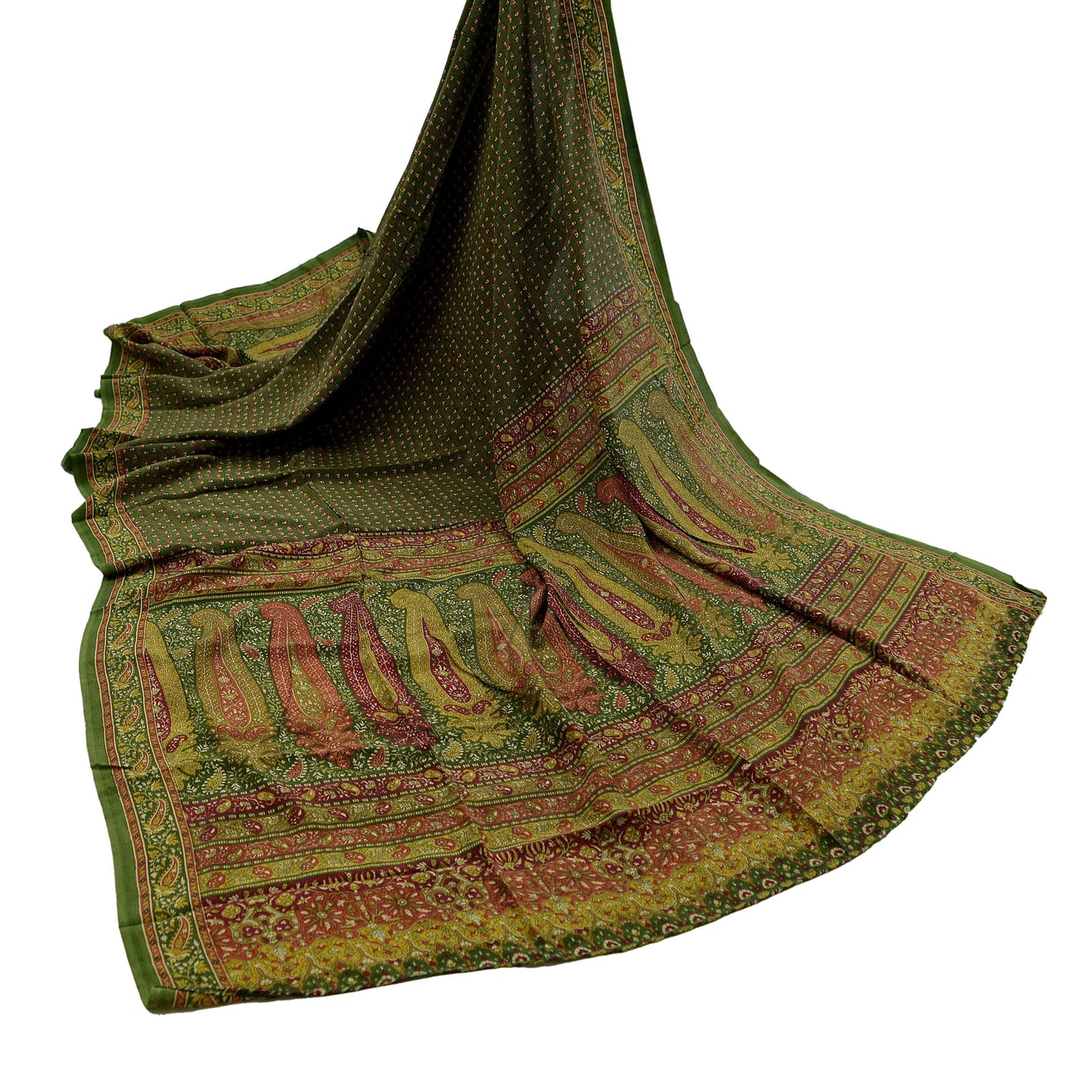 Women Indian Vintage Green Dupatta Long Stole Pure Crepe silk Printed Dupatta Veil Scarves soft Boho Wrap Dressmaking Paisley