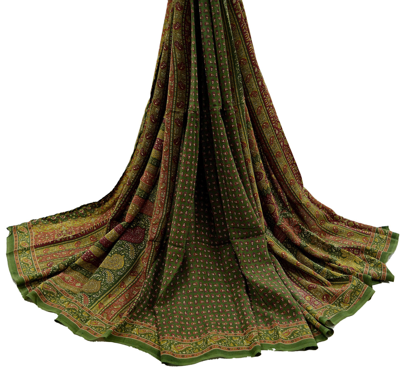 Women Indian Vintage Green Dupatta Long Stole Pure Crepe silk Printed Dupatta Veil Scarves soft Boho Wrap Dressmaking Paisley