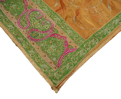 Indian Vintage Heavy Golden Dupatta Pure Tissue Silk Long Stole Hand Embroidered Scarves Zari Zardozi/Dabka