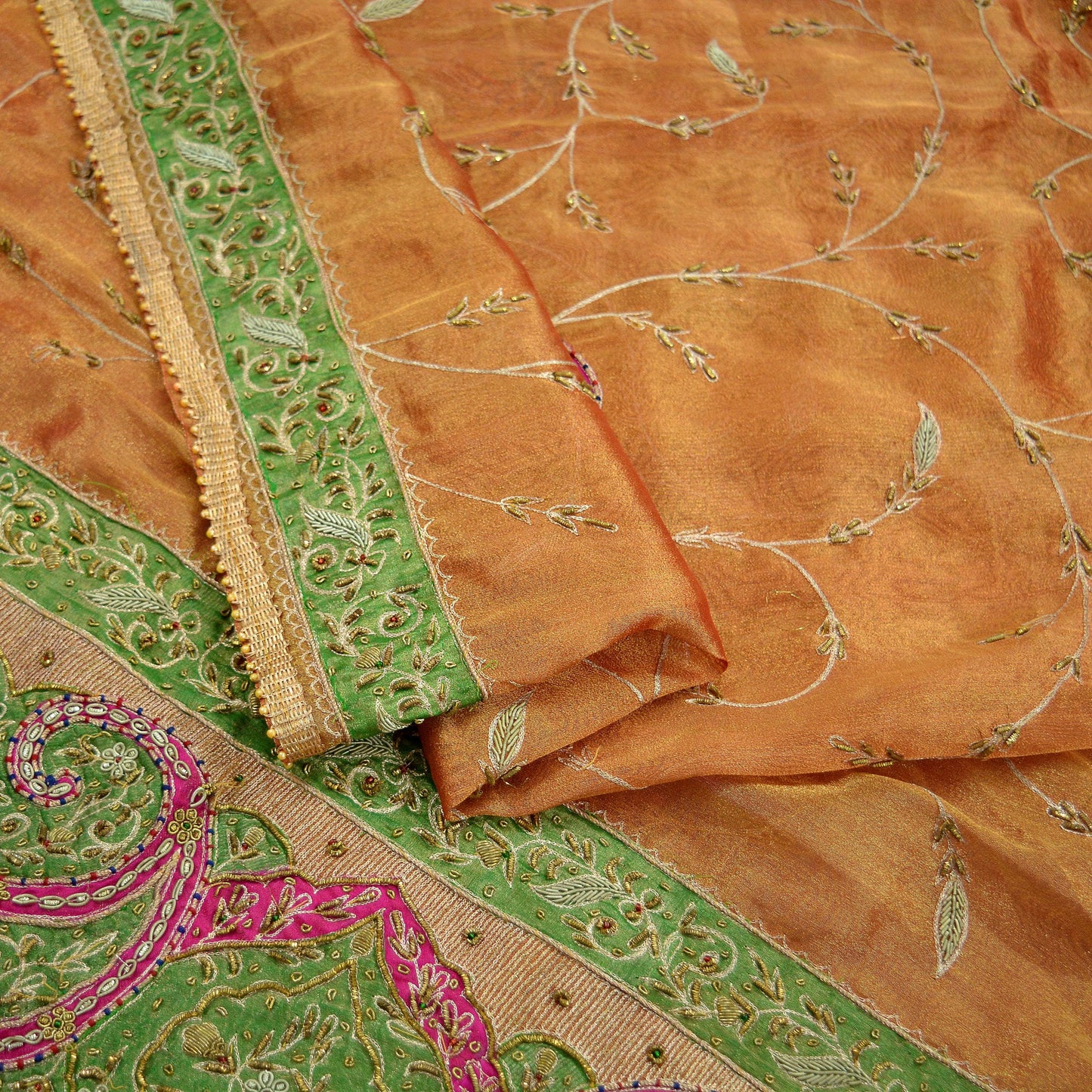 Indian Vintage Heavy Golden Dupatta Pure Tissue Silk Long Stole Hand Embroidered Scarves Zari Zardozi/Dabka