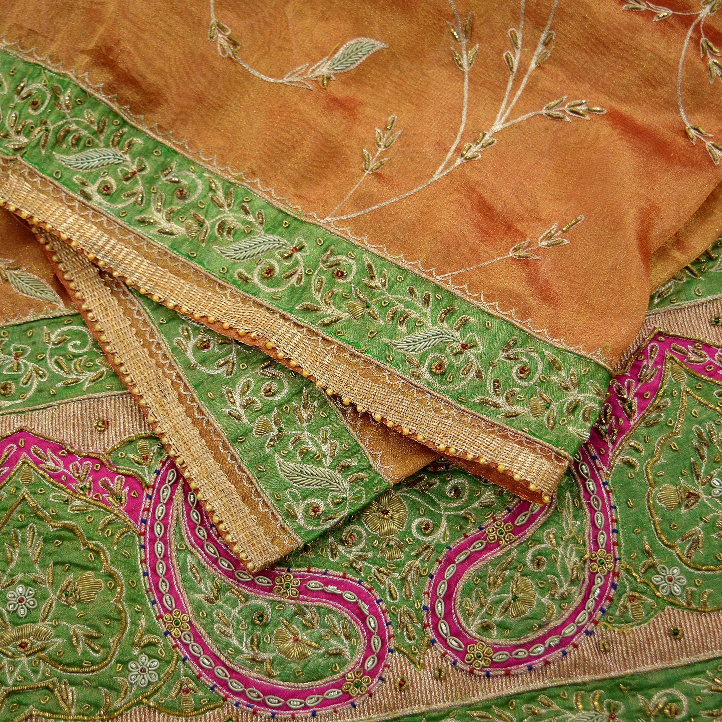 Indian Vintage Heavy Golden Dupatta Pure Tissue Silk Long Stole Hand Embroidered Scarves Zari Zardozi/Dabka