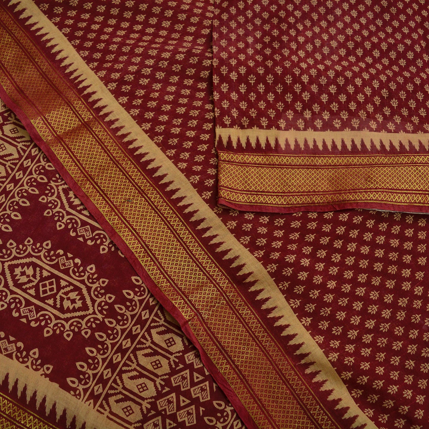 Vintage Sari Beige & Red Pure Cotton Hand Woven Printed Sarees Craft Fabric Zari 5Yd Sewing Soft Crafting Dress making Upcycle Quilting